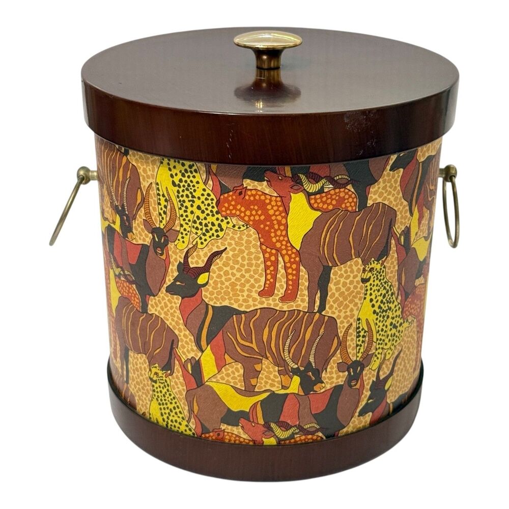 Vtg Fred Roberts Co Ice Bucket Wild Safari Animal Print Barware MCM Made Japan